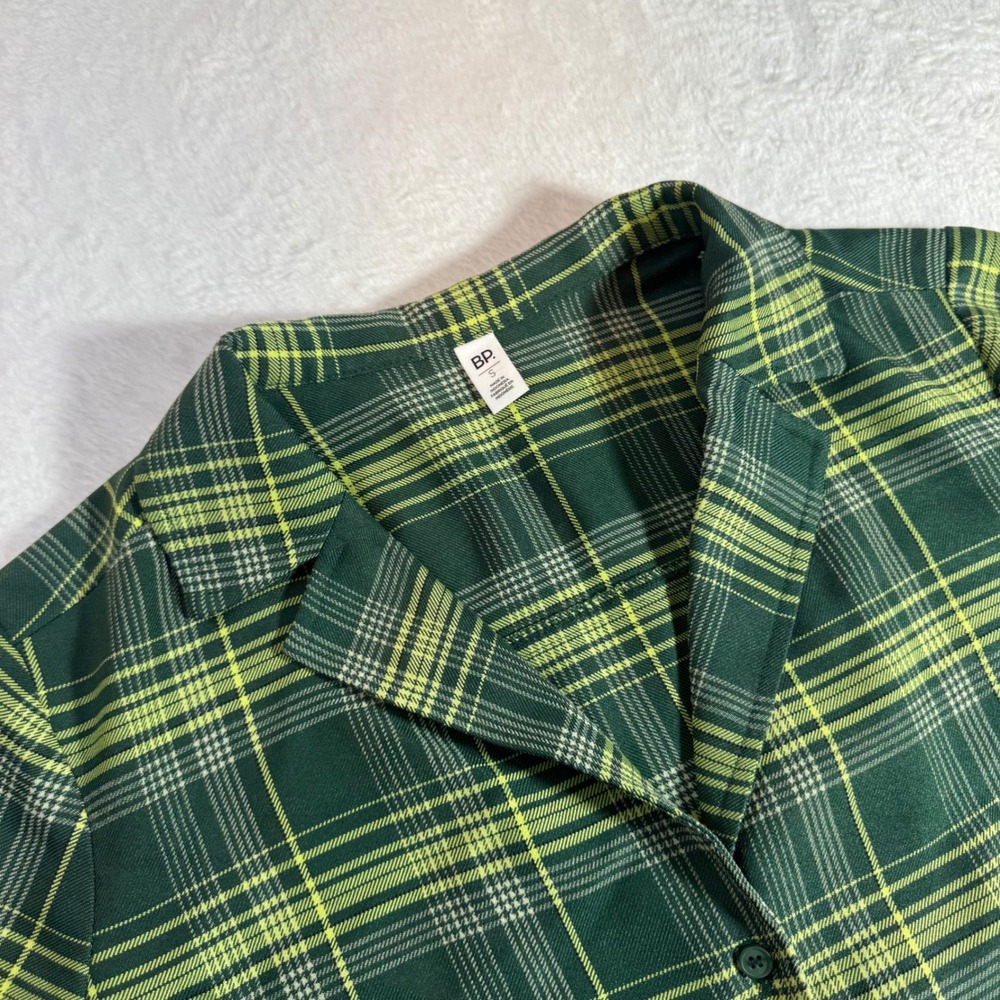 BP Green Yellow Plaid Cropped Short Sleeve Button Down Shirt Small